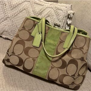 Coach Brown Signature Tote with Lime Green Trim